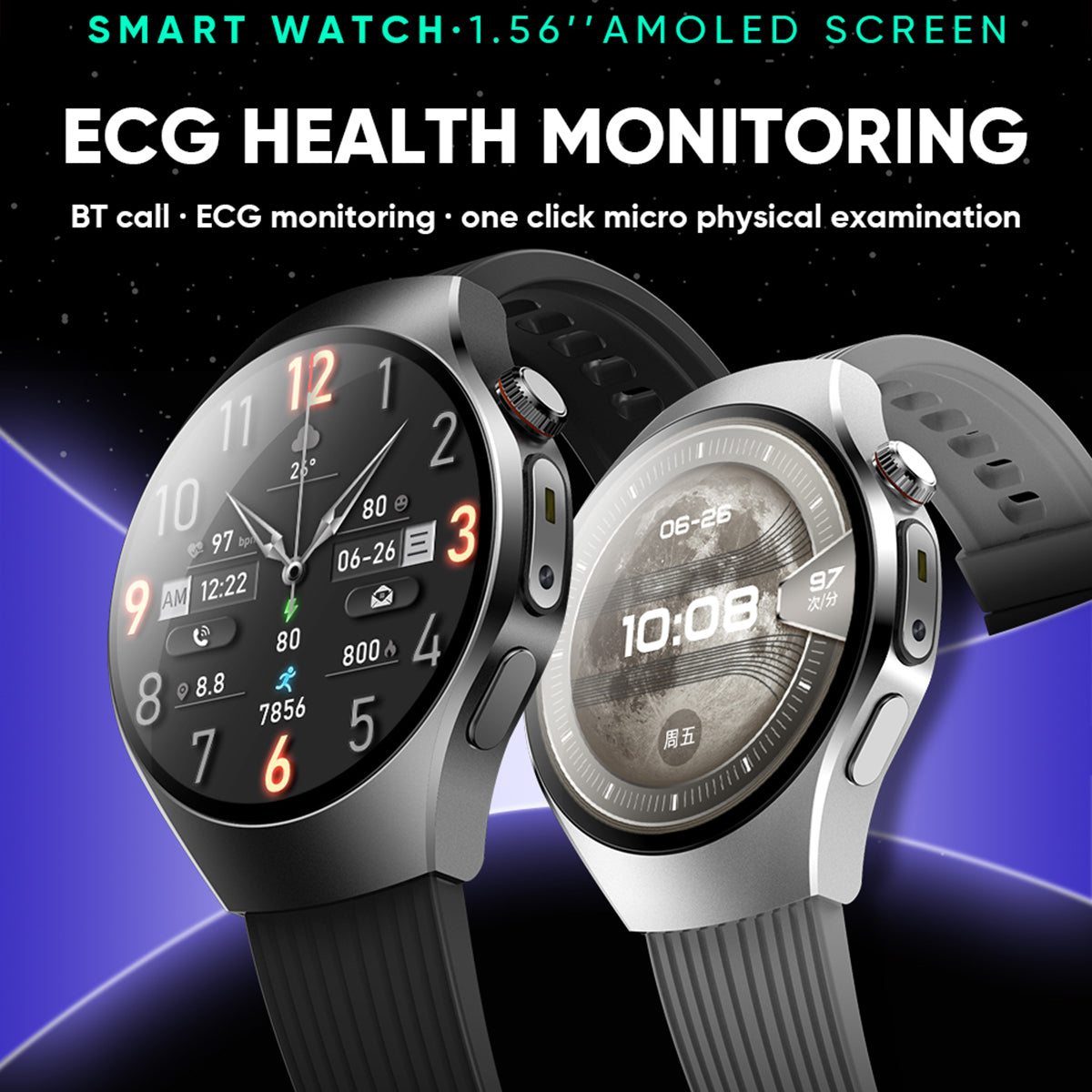 VWAR Watch 5 ECG Smart Watch for Huawei IOS-1.56" AMOLED Screen/LED Flashlight/SpO2/Stress