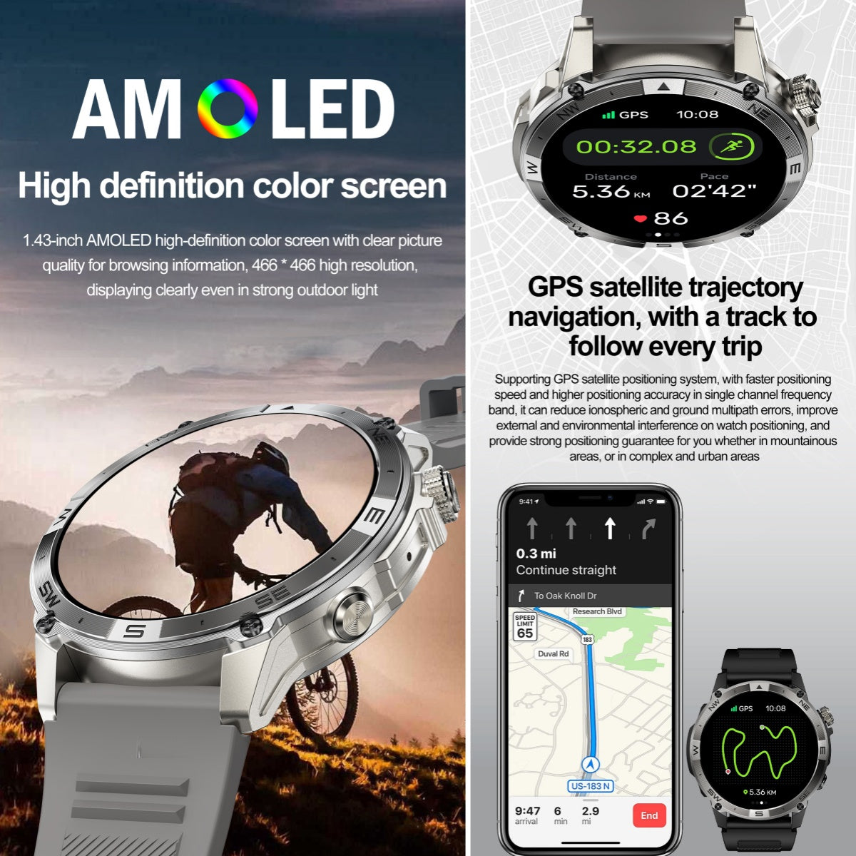 VWAR ACE Smart Watch for Men Built-in GPS Compass Altitude| AMOLED Always-on Display| Bluetooth Call