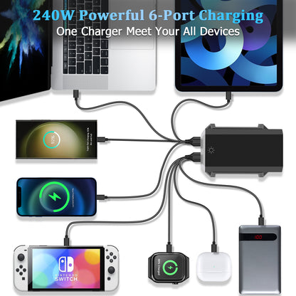 240W Digital GaN Charger PD3.1 140W USB Type C 6 Ports Desktop Fast Charging Station for IPhone Samsung Xiaomi MacBook Laptops