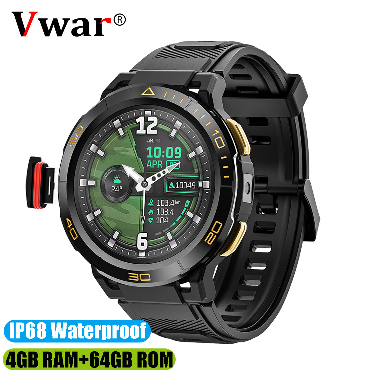 Vwar TANK Z1 Rugged Android Smart Watch IP68 Waterproof 4GB RAM 64GB ROM Titanium Bezel