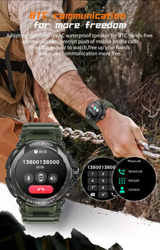 2023 novo relógio inteligente militar durável ostenta chamada Bluetooth com bateria de 600mAh