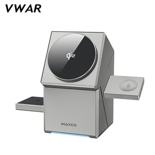 VWAR | Maxco Qi2 Certified 3-in-1 Wireless charger with Auto-Rotating Phone Dock compatible with MagSafe magnetic fast charging for phones, apple watch, and earbuds, compatible with Apple, Huawei, and Android