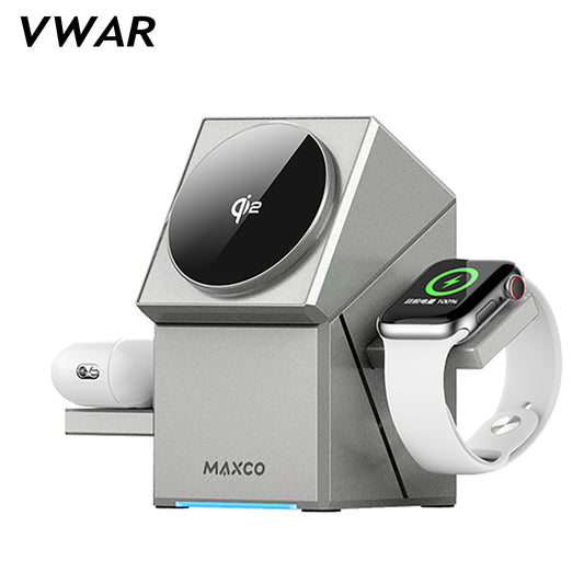 VWAR | Maxco Qi2 Certified 3-in-1 Wireless charger with Auto-Rotating Phone Dock compatible with MagSafe magnetic fast charging for phones, apple watch, and earbuds, compatible with Apple, Huawei, and Android