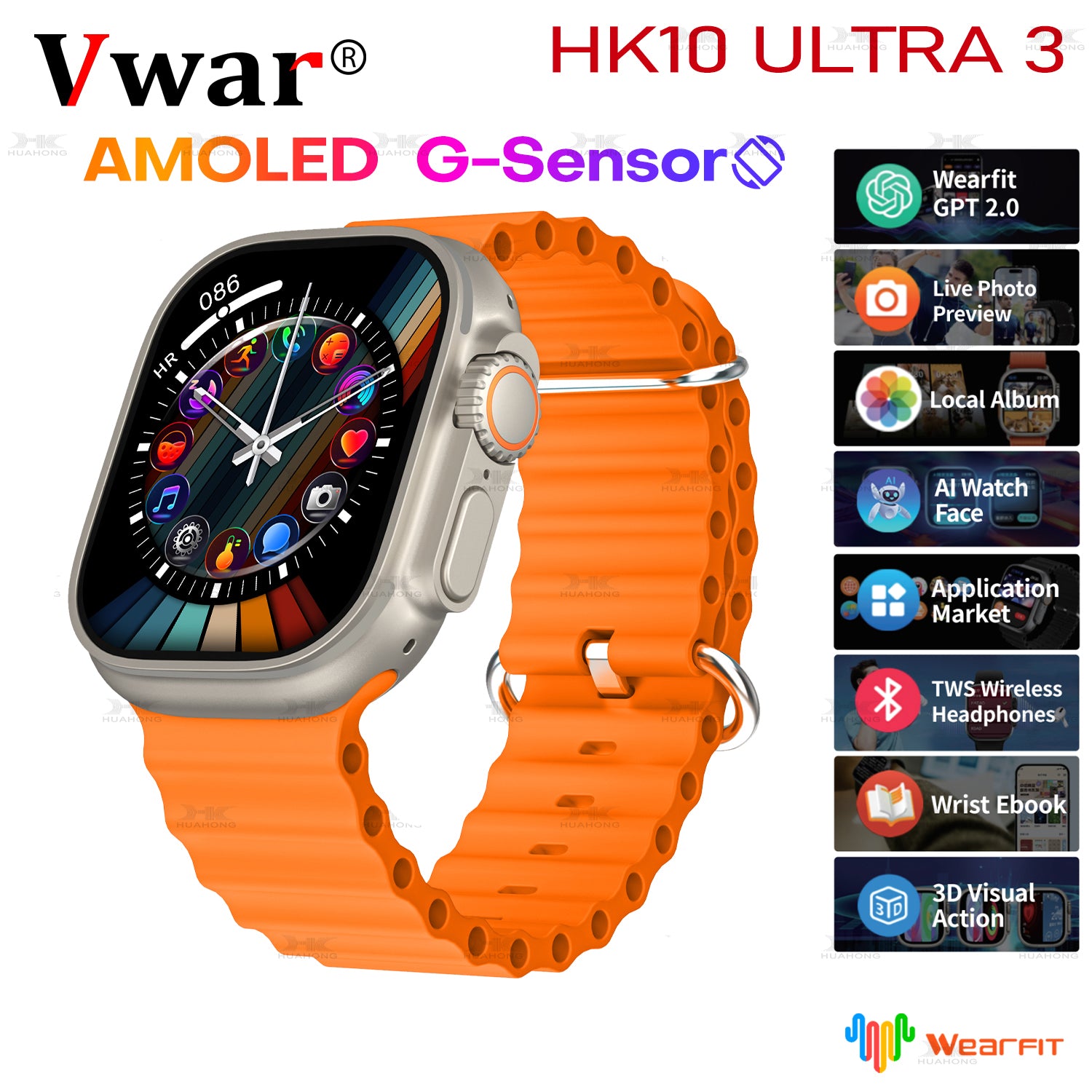 VWAR HK10 ULTRA 3 Smartwatch – 2.02" AMOLED Display, G-Sensor, 1GB ROM, AI Features