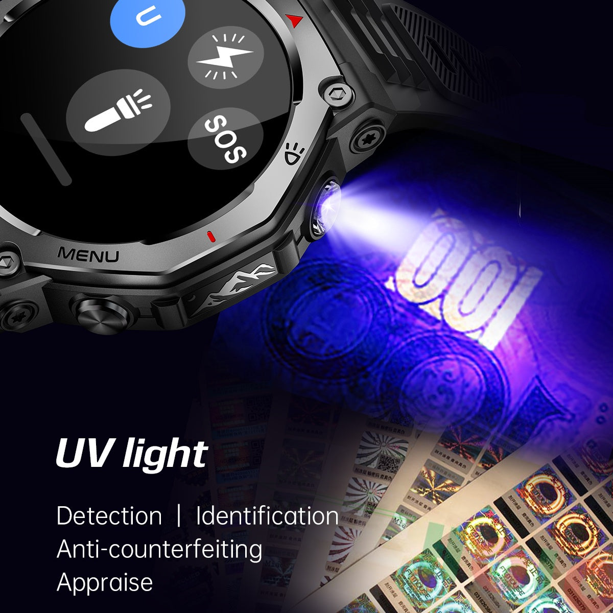 VWAR T-Rex Smart Watch with Flashlight & UV Light 5ATM Waterproof Bluetooth Call