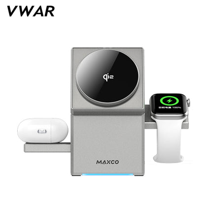 VWAR | Maxco Qi2 Certified 3-in-1 Wireless charger with Auto-Rotating Phone Dock compatible with MagSafe magnetic fast charging for phones, apple watch, and earbuds