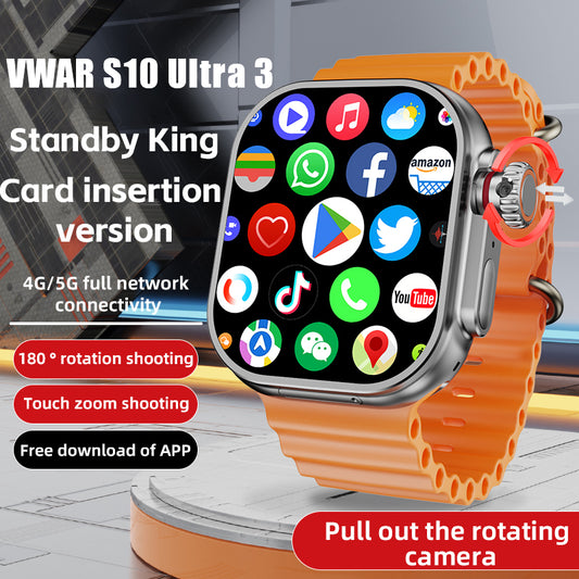 VWAR S10 Ultra 3 Smart Watch 4G LTE Android System- Touch Zoom Button| Rotating Camera| 1350mAh Big Battery| 4GB Ram 32GB ROM