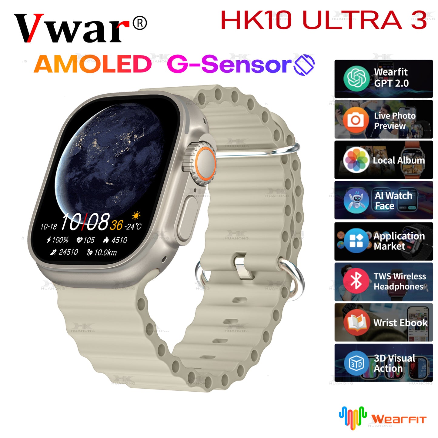 VWAR HK10 ULTRA 3 Smartwatch – 2.02" AMOLED Display, G-Sensor, 1GB ROM, AI Features