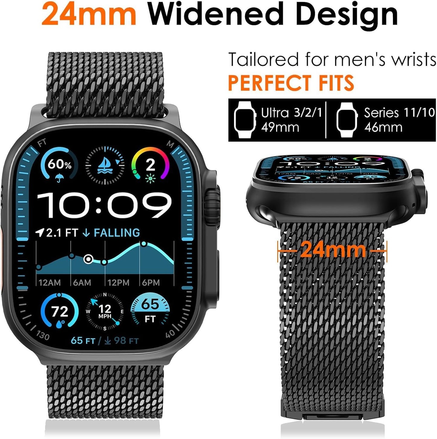 Stainless Steel Milanese Mesh Strap For Apple Watch Ultra 3 2 49mm Series 11 10 9 8 SE 46mm Parachute-style Buckle