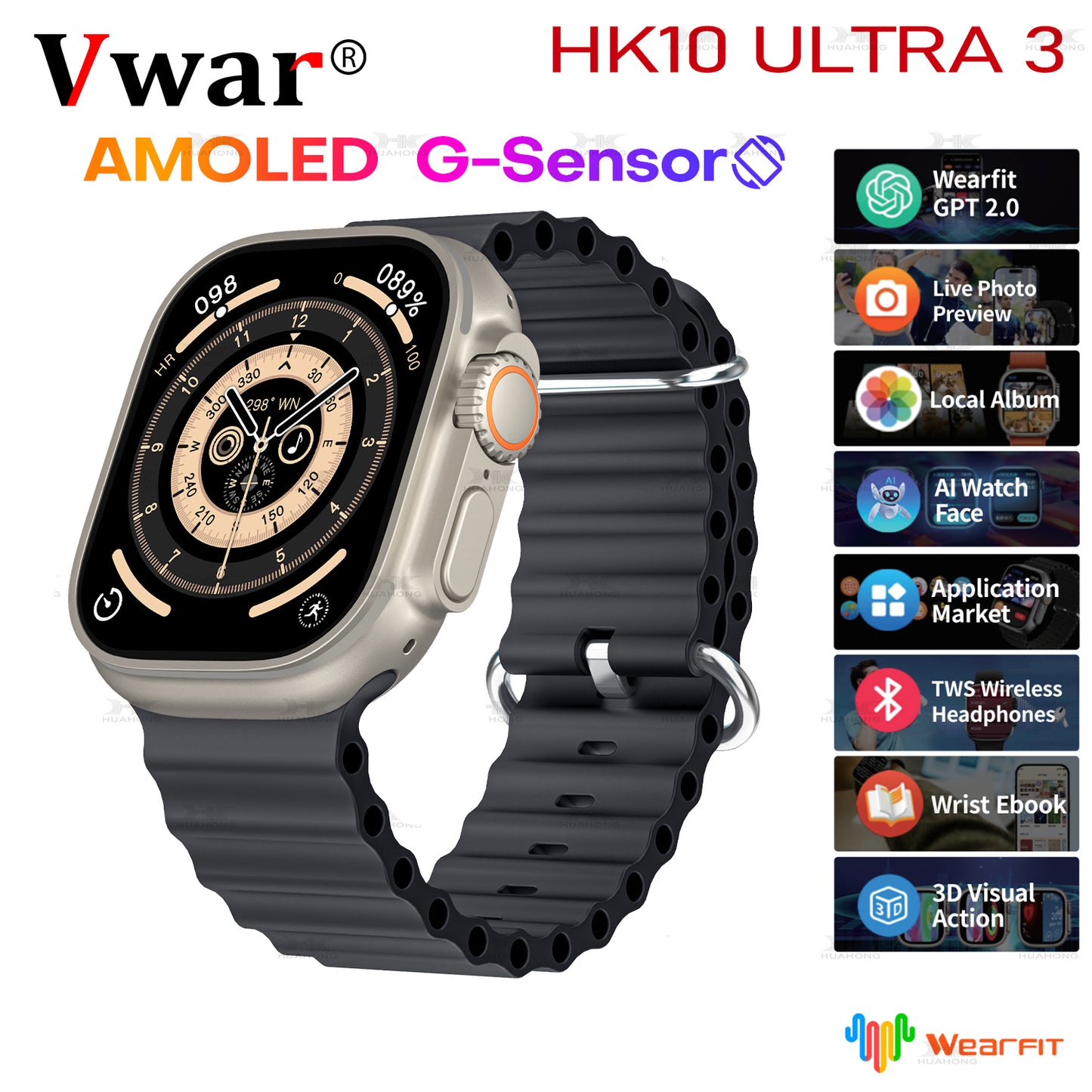 VWAR HK10 ULTRA 3 Smartwatch – 2.02" AMOLED Display, G-Sensor, 1GB ROM, AI Features