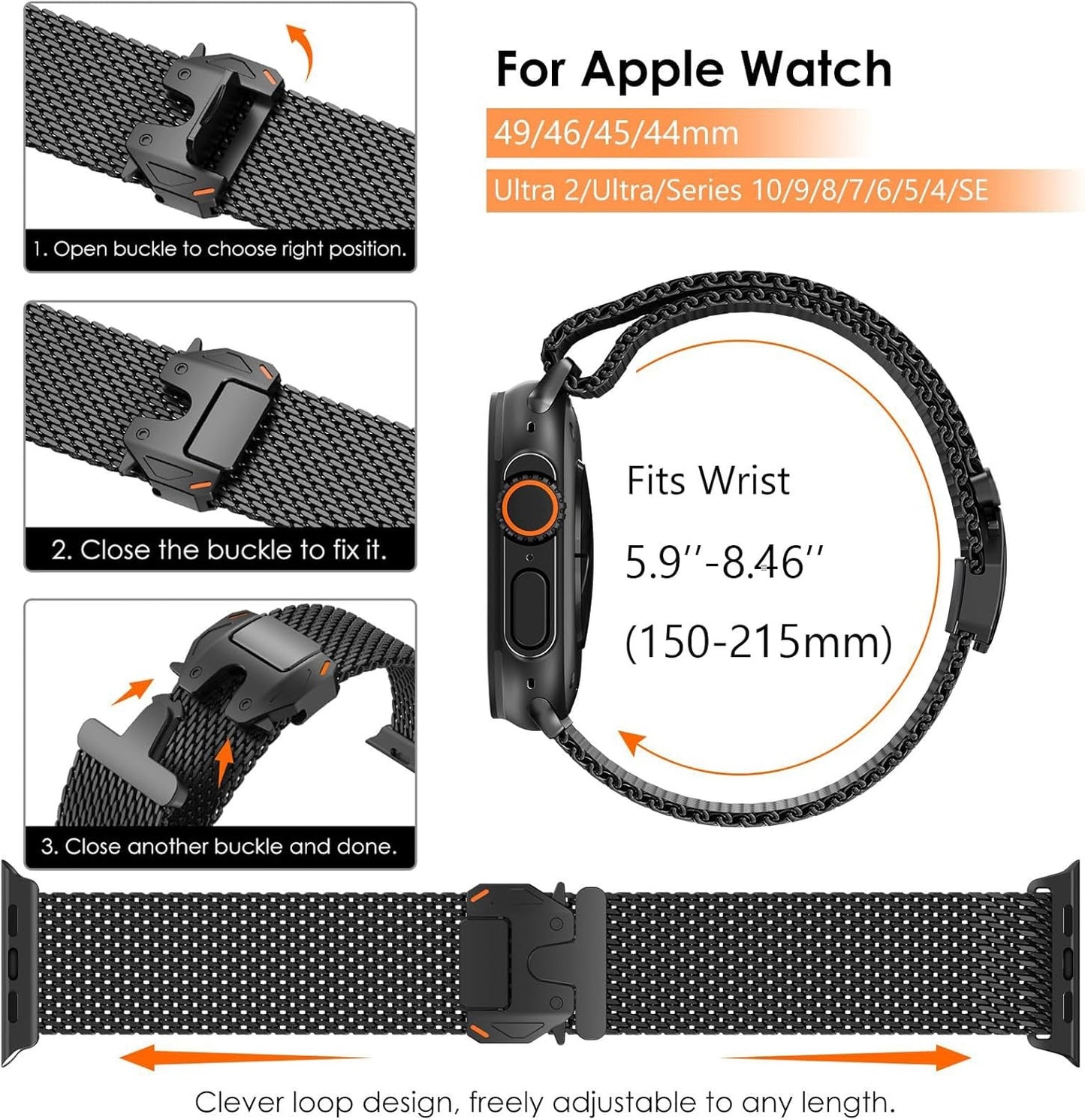 Stainless Steel Milanese Mesh Strap For Apple Watch Ultra 3 2 49mm Series 11 10 9 8 SE 46mm Parachute-style Buckle