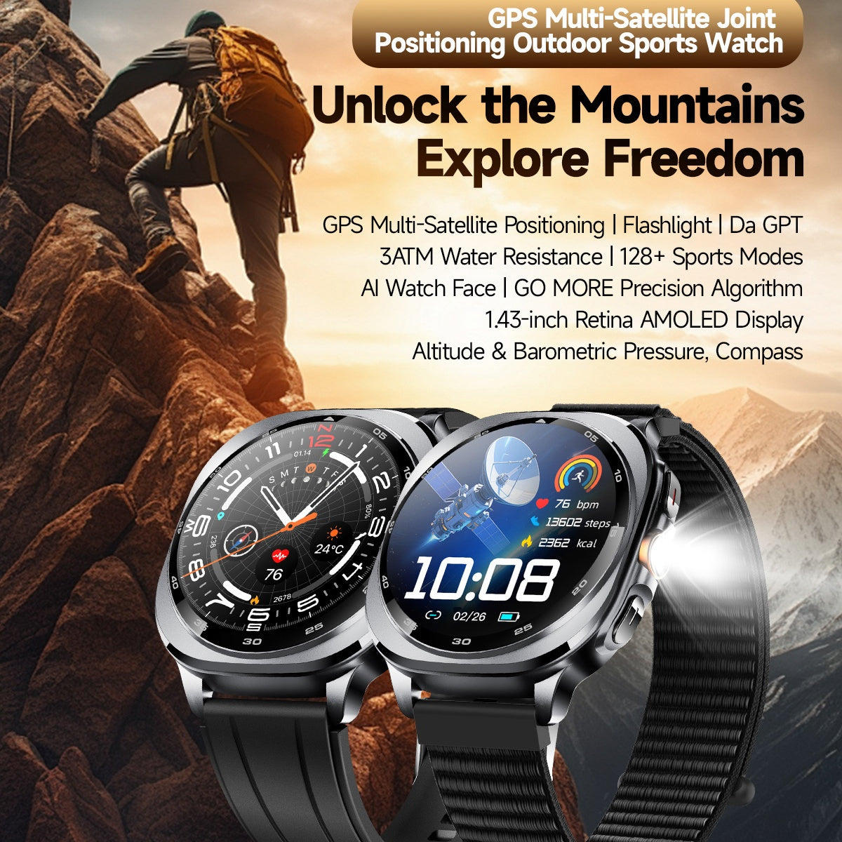 VWAR U8 Ultra Smart Watch Built-in GPS Flashlight 3ATM Waterproof for Samsung IOS