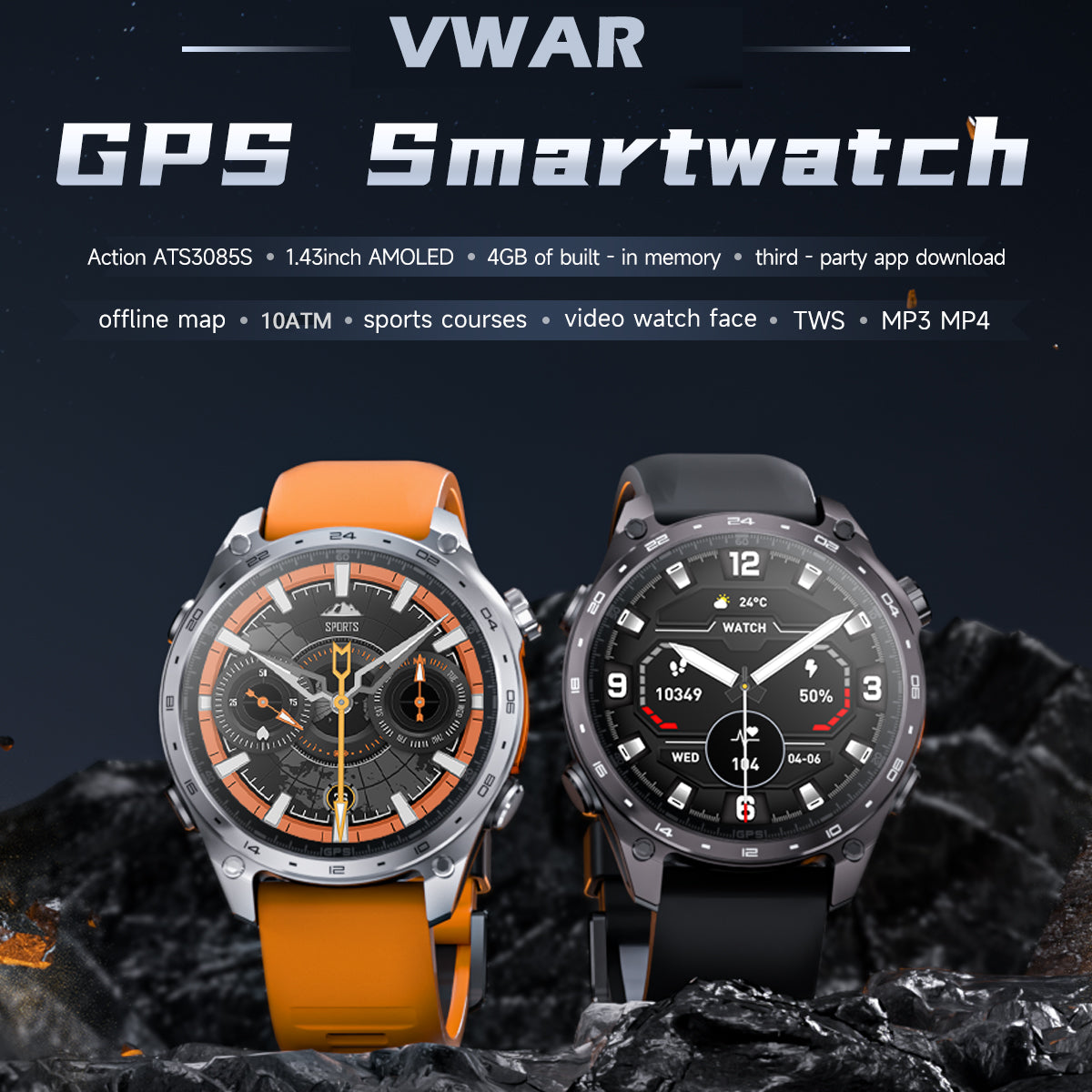 VWAR Alpha Ultra GPS Smart Watch Built-in Offline Map, 10 ATM Waterproof, 4GB Storage