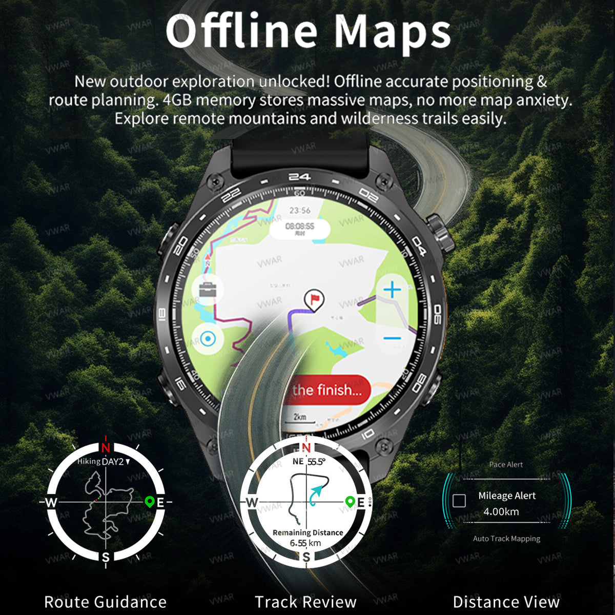 VWAR Alpha Ultra GPS Smart Watch Built-in Offline Map, 10 ATM Waterproof, 4GB Storage