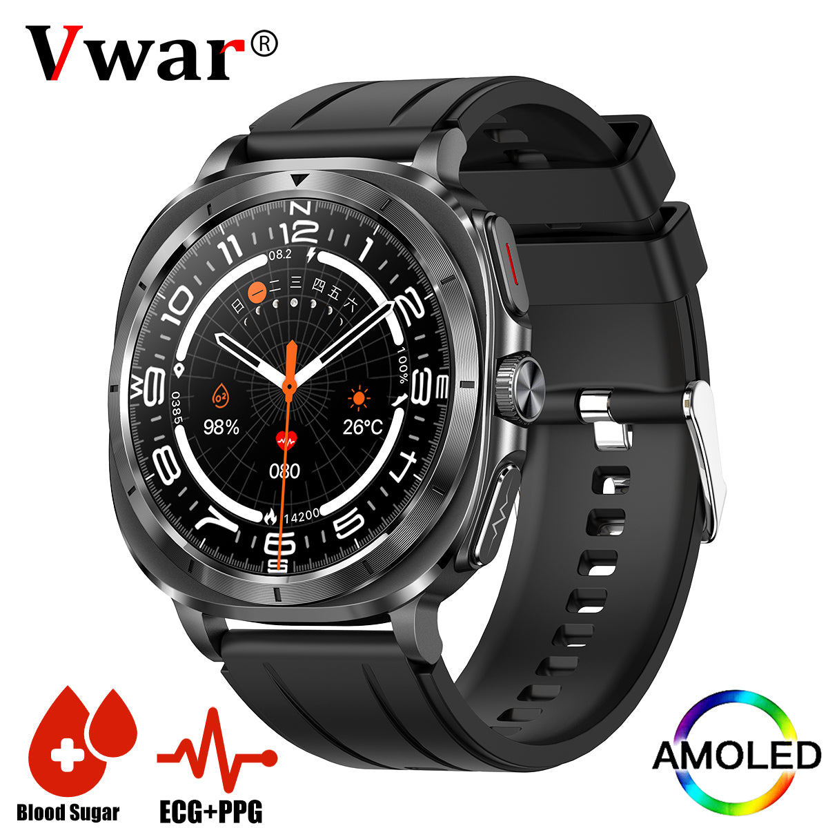 VWAR U7 Life Health Smart Watch 47mm ECG+PPG 1.43" AMOLED Non-Invasive Blood Sugar SpO2 Bluetooth Call for Samsung IOS