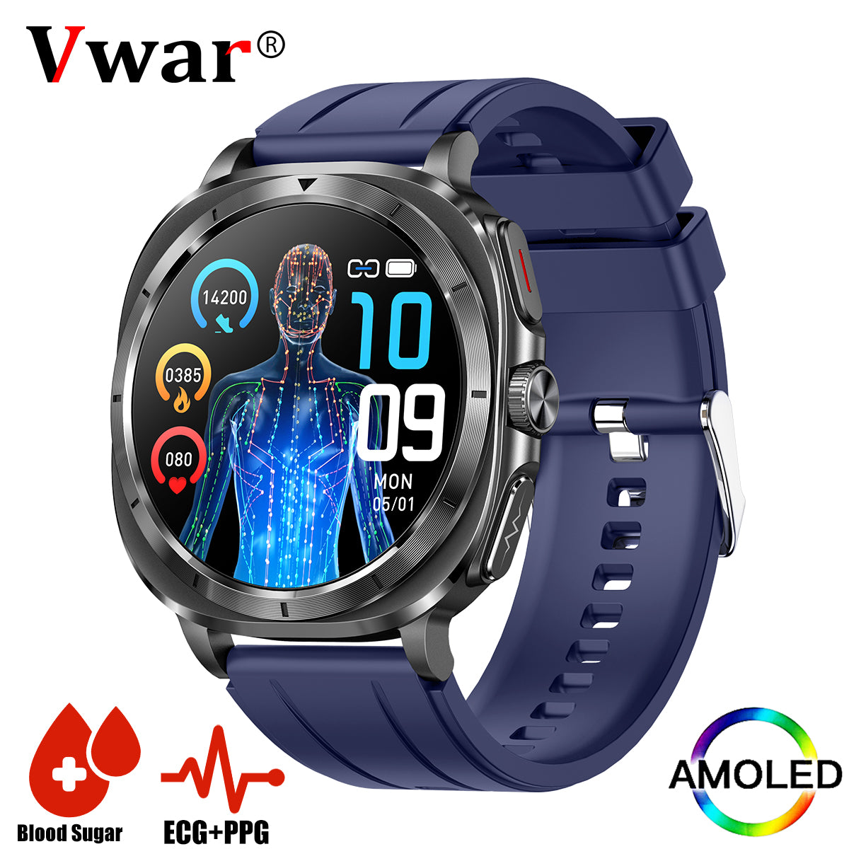 VWAR U7 Life Health Smart Watch 47mm ECG+PPG 1.43" AMOLED Non-Invasive Blood Sugar SpO2 Bluetooth Call for Samsung IOS