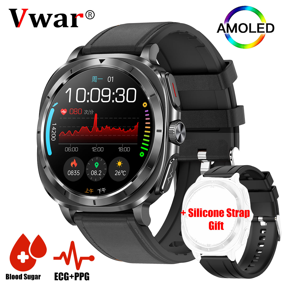 VWAR U7 Life Health Smart Watch 47mm ECG+PPG 1.43" AMOLED Non-Invasive Blood Sugar SpO2 Bluetooth Call for Samsung IOS