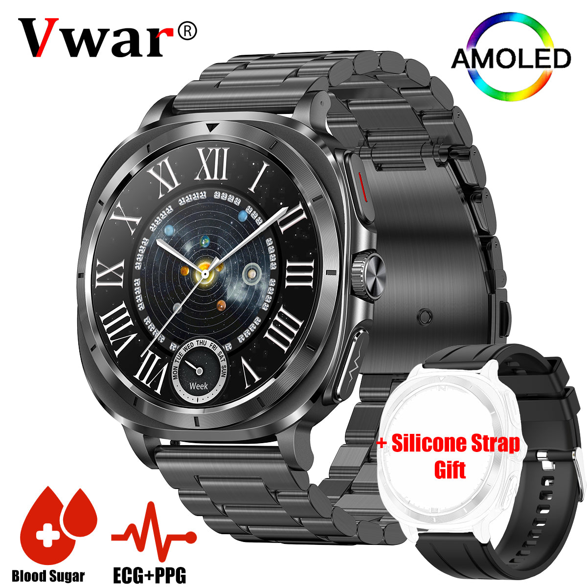 VWAR U7 Life Health Smart Watch 47mm ECG+PPG 1.43" AMOLED Non-Invasive Blood Sugar SpO2 Bluetooth Call for Samsung IOS