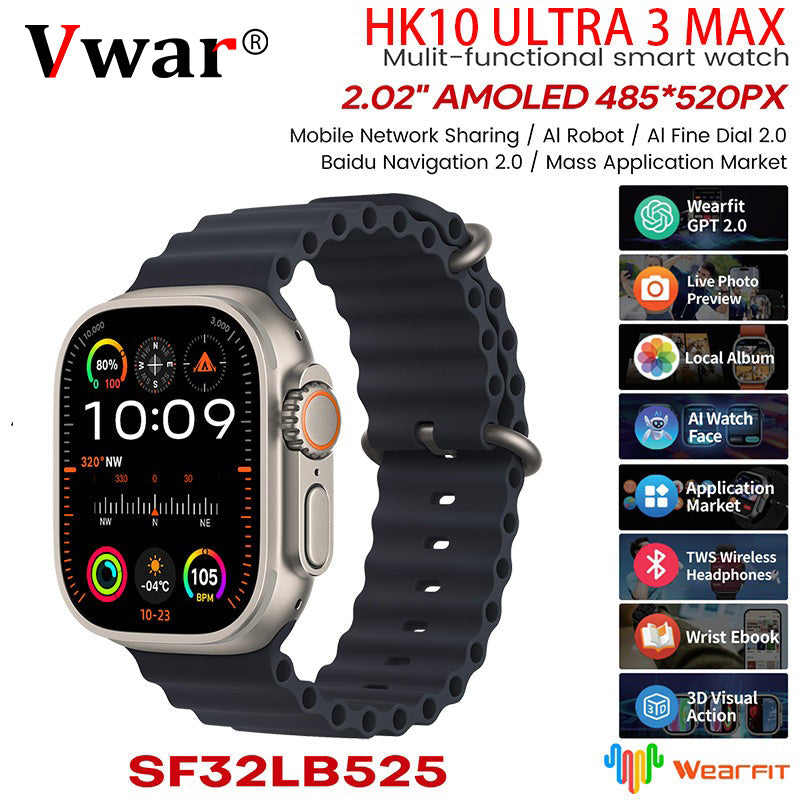 VWAR HK10 ULTRA 3 Max Smartwatch –Bluetooth Network Share, AI Robot, AI Features, 2GB ROM