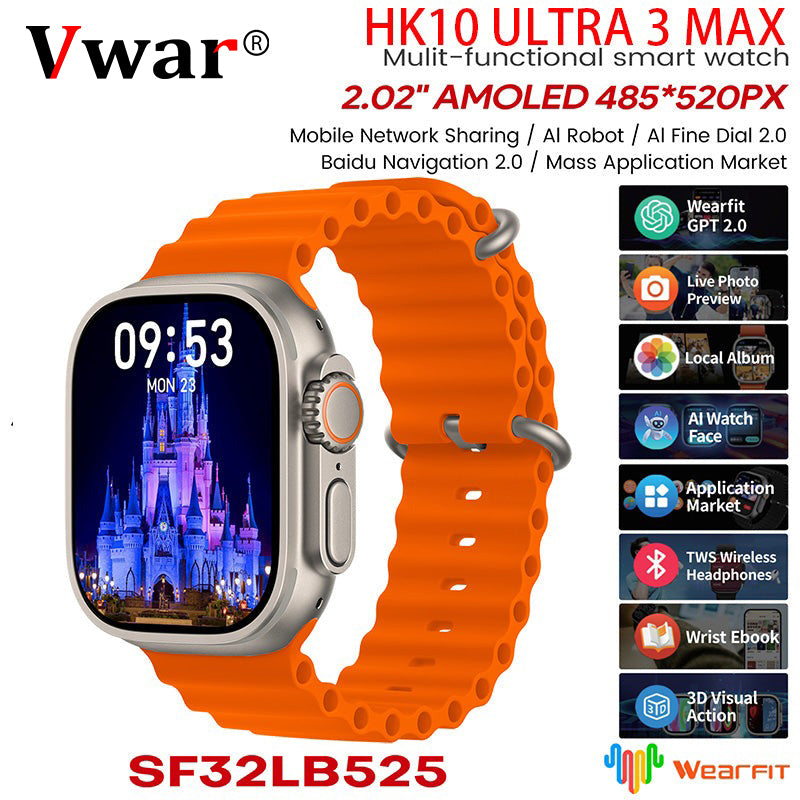 VWAR HK10 ULTRA 3 Max Smartwatch –Bluetooth Network Share, AI Robot, AI Features, 2GB ROM