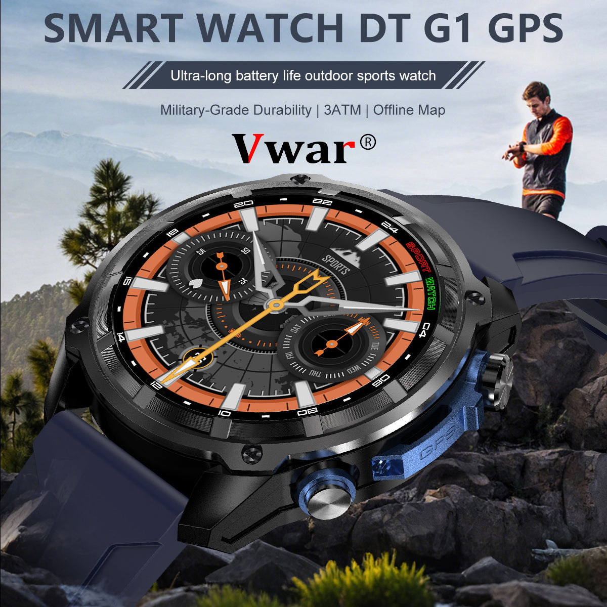 VWAR TANK T5 Tactical Smart Watch Built-in GPS Offline Map, 4GB Memory, 3 ATM Waterproof Men Military Watches