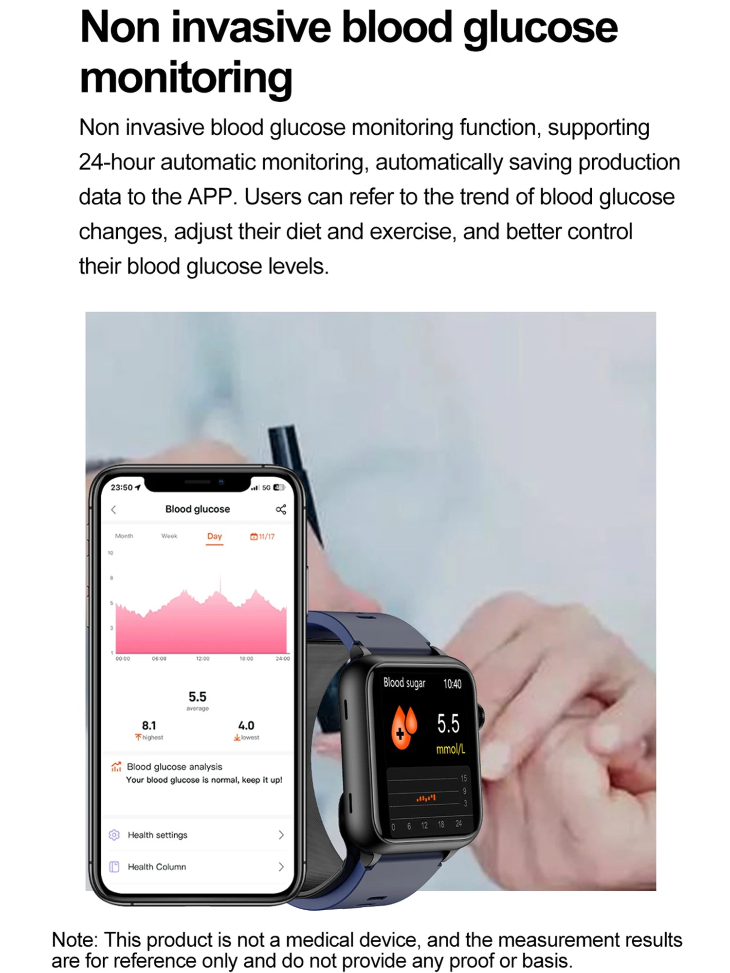 Medical Grade Smart Watch Air Pump Air Bag Blood Pressure Monitor ECG Non-invasive Blood Sugar Heart Rate Uric Acid Elder Watch