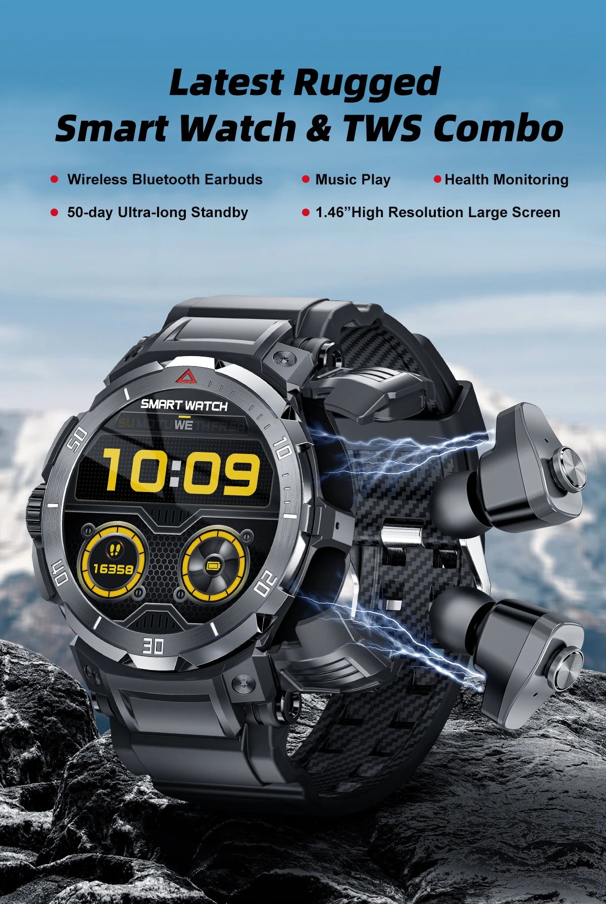 VWAR TWS Tactical Rugged Smart Watch  Bluetooth Call IP68 Waterpoof 100+ Sports Modes Heart Rate Blood Oxygen Monitor