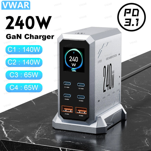 240W Digital GaN Charger PD3.1 140W USB Type C 6 Ports Desktop Fast Charging Station for IPhone Samsung Xiaomi MacBook Laptops
