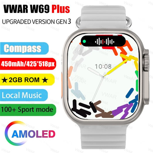 Vwar w69 plus + ultra relógio inteligente série 9 2.2 "tela amoled 2gb rom masculino feminino smartwatch gps rota trilha ip68 à prova dip68 água 2023 