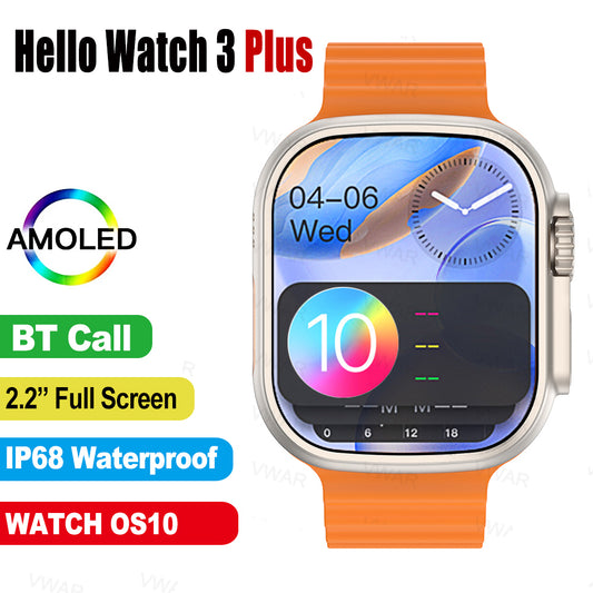 VWAR Hello Watch 3 PLUS Smart Watch Ultra 2- Tela AMOLED, 4 GB ROM, carregador sem fio, tamanho 1:1 49 mm 