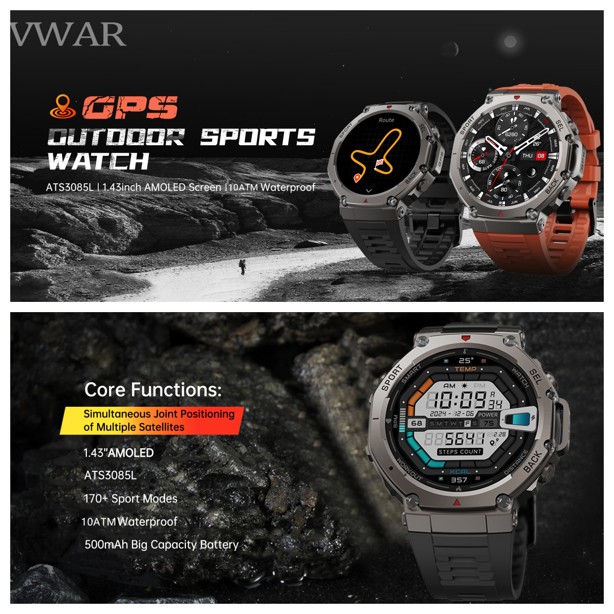 2025 NEW GPS Military Smart Watch 10 ATM Waterproof AMOLED Bluetooth Call vwar