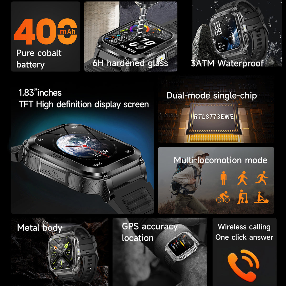 VWAR NX30 Tactical Smart Watch GPS 3ATM Waterproof Heart Rate Blood Oxygen Sleep Monitor